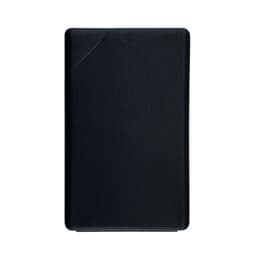 A black rectangular packaging item with a smooth surface, featuring a logo on one side.