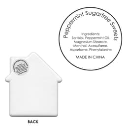 A white house-shaped mint card with a logo and ingredients listed, featuring peppermint sugar-free mints.