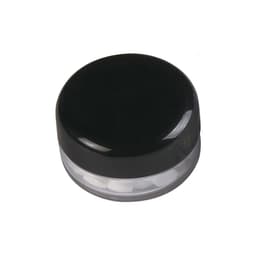 A black screw lid jar with a clear base containing sugar-free lollies. The jar has a simple design and a logo.