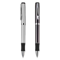 Two metal pens are displayed, one in silver with a black grip and the other in polished black, both featuring a logo.