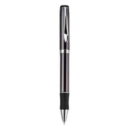 A metal pen in sleek silver with a black grip. The pen features a shiny finish and has a branding logo.
