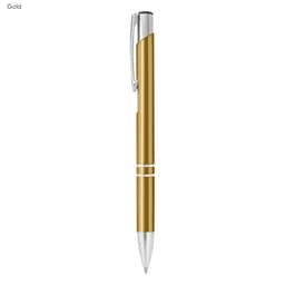 A gold metal pen with a shiny finish and silver accents, featuring a clip and a logo.