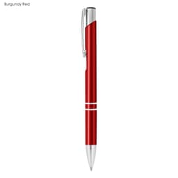 A burgundy red metal pen with silver accents and a clip, featuring a sleek design.