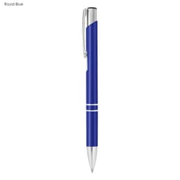 A royal blue metal pen with silver accents and a clip, featuring a smooth, sleek design.