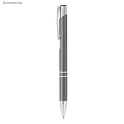 A metal pen in gunmetal grey with silver accents and a clip. It features a sleek design and a branding logo.