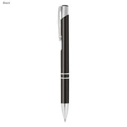 A black metal pen with a silver clip and accents. It features a sleek and modern design.
