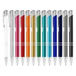 A collection of metal pens in various colours, including blue, green, red, and silver, with a shiny finish.