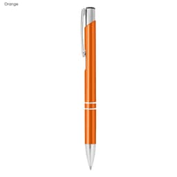 A shiny orange metal pen with silver accents and a clip, featuring a sleek design and branding.