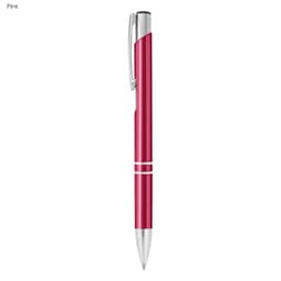 A pink metal pen with silver accents and a clip, featuring a sleek design and a logo.