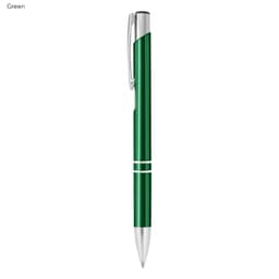 A green metal pen featuring a sleek design with silver accents and a clip, showcasing a logo.