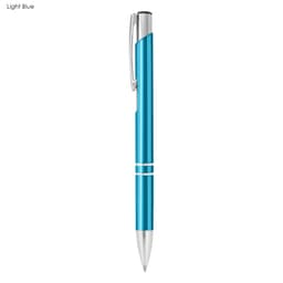 A light blue metal pen with a silver clip and trim details, featuring a branding logo.