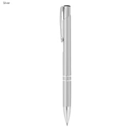 A shiny silver metal pen with a sleek design, featuring a clip and a branding logo.