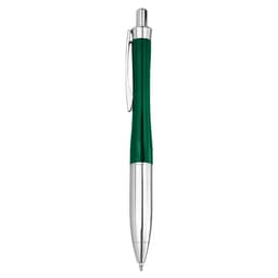 A green metal pen with a shiny silver clip and barrel. It features a sleek and elegant design.