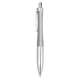 A metal pen with a grey grip and chrome accents, featuring a clip and a transparent barrel.