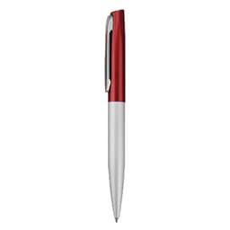 A metal pen with a red upper section and a silver lower section, featuring a clip and a sleek design.