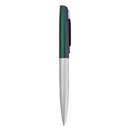 A metal pen with a green and navy striped design and a silver tip. It features a clip and branding.