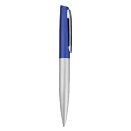 A metal pen in blue and silver, featuring a clip and a sleek design. It has a branding logo on the barrel.