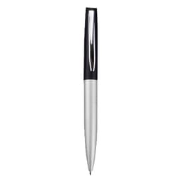 A metal pen in silver and black with a sleek design and a logo on the barrel.