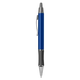 A blue metal pen with a silver clip and black grip, featuring a logo on its body.