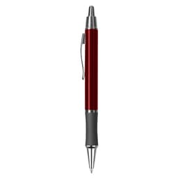 A metal pen in a red finish with a chrome clip and a black rubber grip, featuring a sleek design.