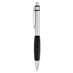 A metal pen with a silver barrel, a black grip, and a clip. It features a branding logo.