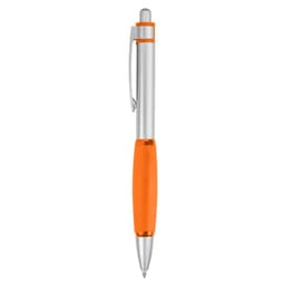 A metal pen featuring a silver barrel with an orange rubber grip and a clip. It has a logo on the side.