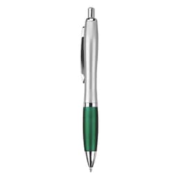 A metal pen with a silver body and a green grip, featuring a clip and a logo.