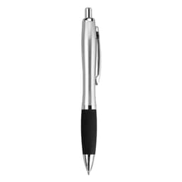 A sleek silver metal pen with a black rubber grip and a logo on the barrel.
