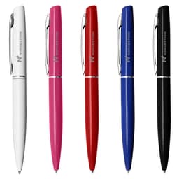 A set of five metal pens in white, pink, red, blue, and black, featuring a branding logo.