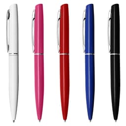 A collection of metal pens in white, pink, red, blue, and black, featuring a sleek design and a branding logo.