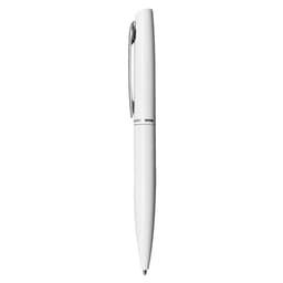 A white metal pen with a sleek design and a silver clip, featuring a logo on the barrel.