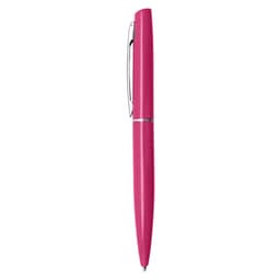 A pink metal pen with a sleek design and a clip, featuring a branding logo on the body.