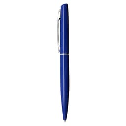 A metal pen in a vibrant blue colour with a sleek design and a clip on the side. It features a branding logo.
