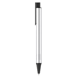 A silver metal pen with a black tip and clip, featuring a sleek and minimalistic design.