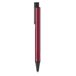A metal pen in a sleek red colour with a black tip and clip, featuring a simple logo design.
