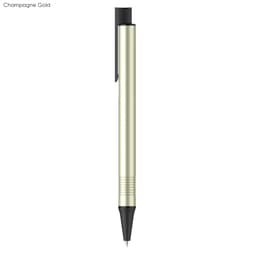 A metal pen in champagne gold with a black tip and clip, featuring a sleek design. Includes branding on the barrel.