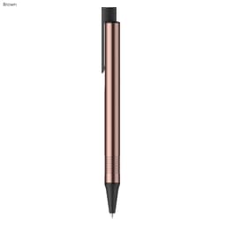 A metal pen in a metallic brown finish with a sleek design and a branding logo.