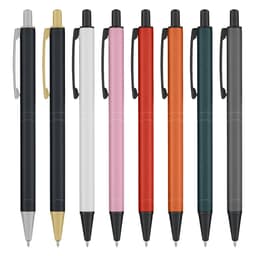 A collection of metal pens in various colours: black, white, pink, red, orange, teal, and grey. Each pen has a clip and a logo.