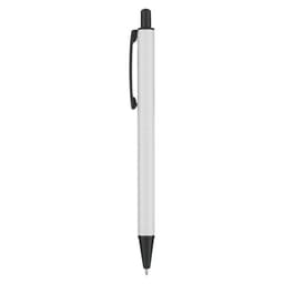 A metal pen in white with a black tip and cap, featuring a clip and branding.