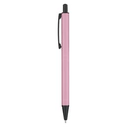 A metal pen in a soft pink colour with a black clip and tip. Features branding on the surface.
