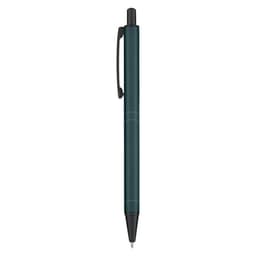 A metal pen in a dark teal colour with a clip and a sleek design. It features a branding logo.
