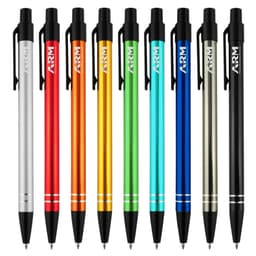 A collection of metal pens in silver, red, orange, green, blue, and gold, featuring a logo on each pen.