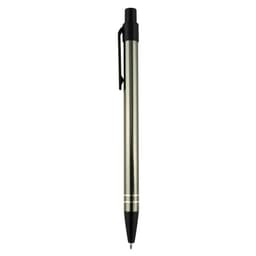A metal pen in a sleek silver finish with black accents and a clip, featuring a logo.