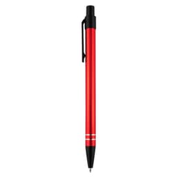 A metal pen in bright red with a black clip and two silver stripes near the base. It features a logo.