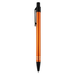 An orange metal pen with a black clip and accents. Features a sleek, minimalist design and branding logo.