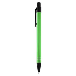 A metal pen in vibrant green with a black clip and silver accents. It features a sleek design and branding.