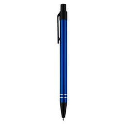 A metal pen in a vibrant blue colour with a black clip and two silver stripes. It features a branding logo.