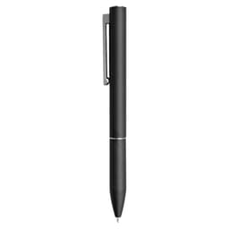 A sleek black metal pen with a clip and a subtle silver band. Appears elegant and modern.
