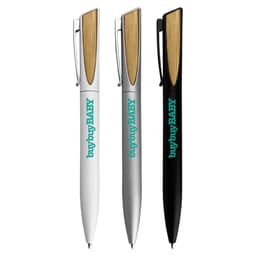 A collection of three metal pens in white, silver, and black, featuring wooden accents and a logo.