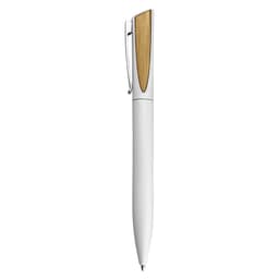 A metal pen with a white barrel and a gold accent, featuring a clip and a branding logo.